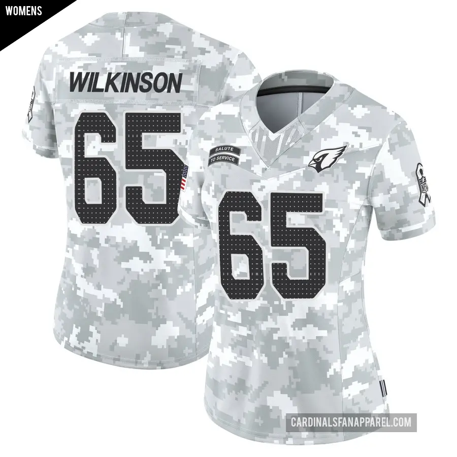 Women's Arizona Cardinals ＃65 Elijah Wilkinson Arctic Camo Limited 2024 Salute to Service Jersey