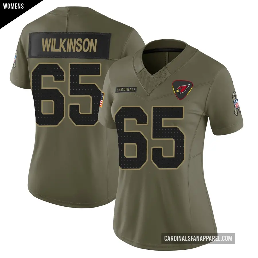 Women's Arizona Cardinals ＃65 Elijah Wilkinson Olive Limited 2025 Salute to Service Jersey